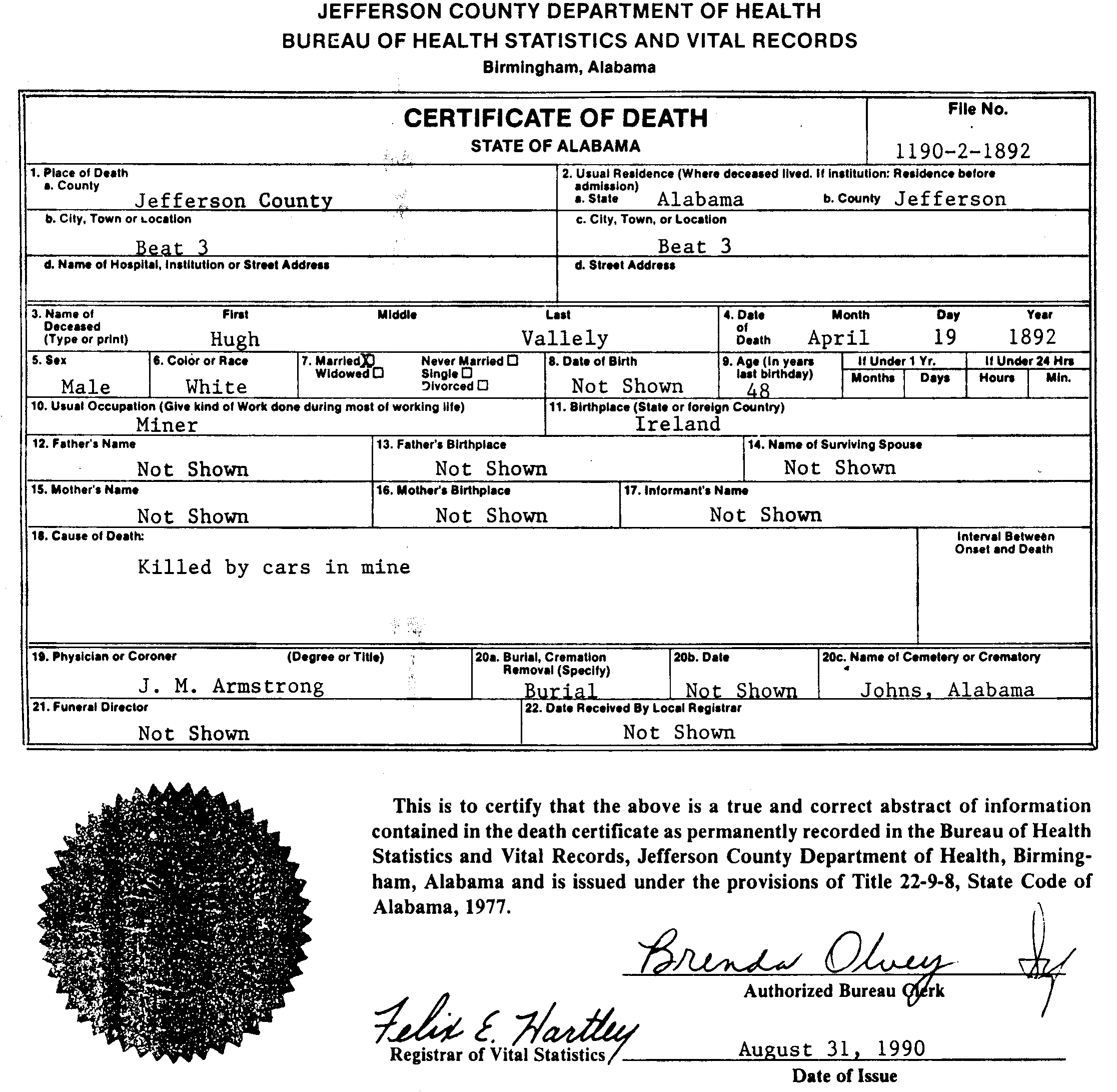 1892 Death Certificate